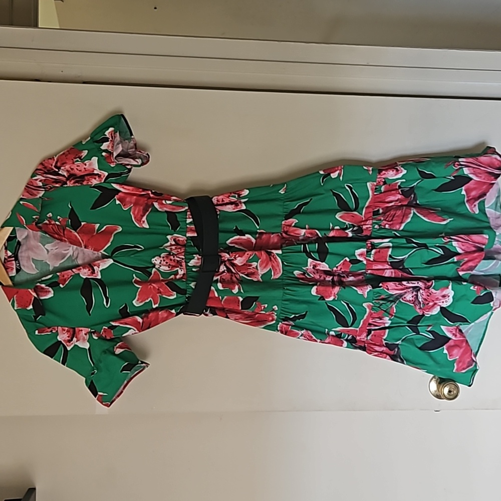 ZARA Vibrant Green and Pink Shirtdress